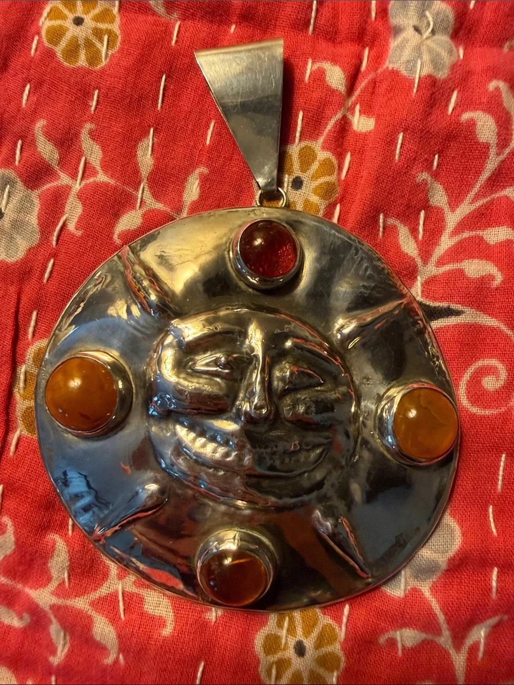 OOAK Sun Face Sterling Pendant with Amber Stones
